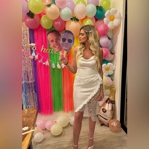 BRIDAL / BACHELORETTE SATIN RUCHED DRESS WITH LACE AND FLORAL DETAILING